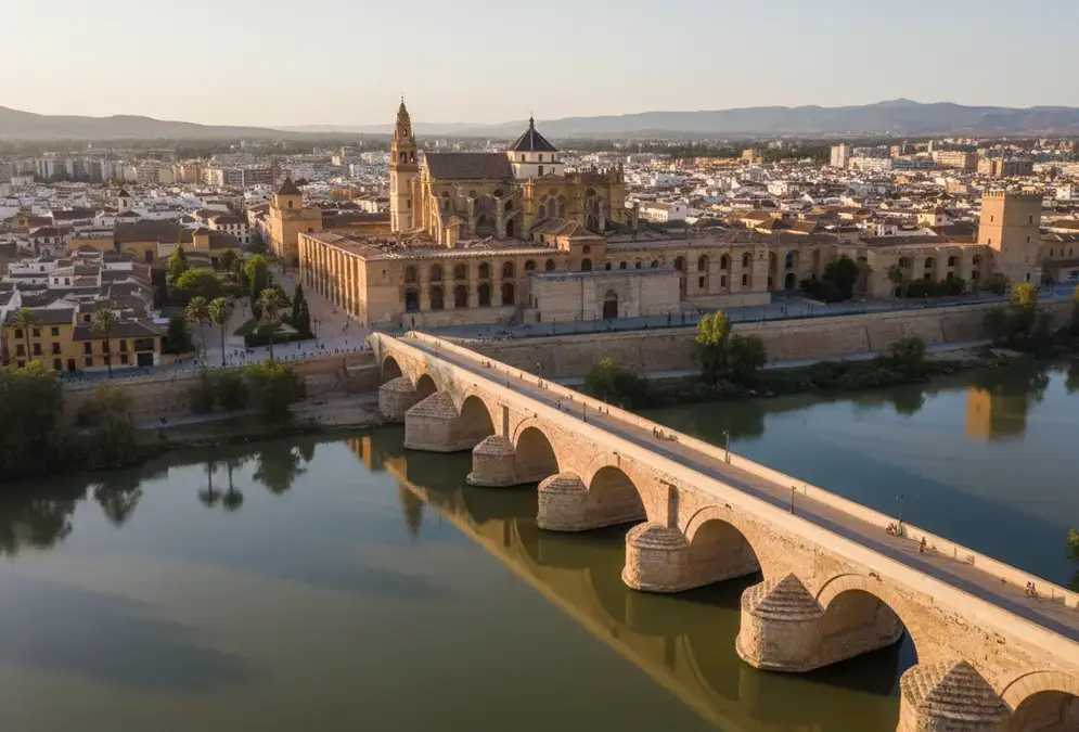 Iconic aerial view of Córdoba's Mezquita-Catedral and Roman Bridge over the Guadalquivir River