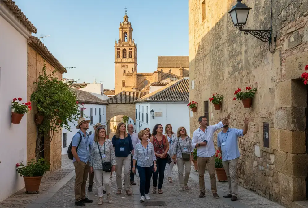 Guided walking tour group on a cobblestone street in Córdoba's Judería with the guide pointing at historic stone facades