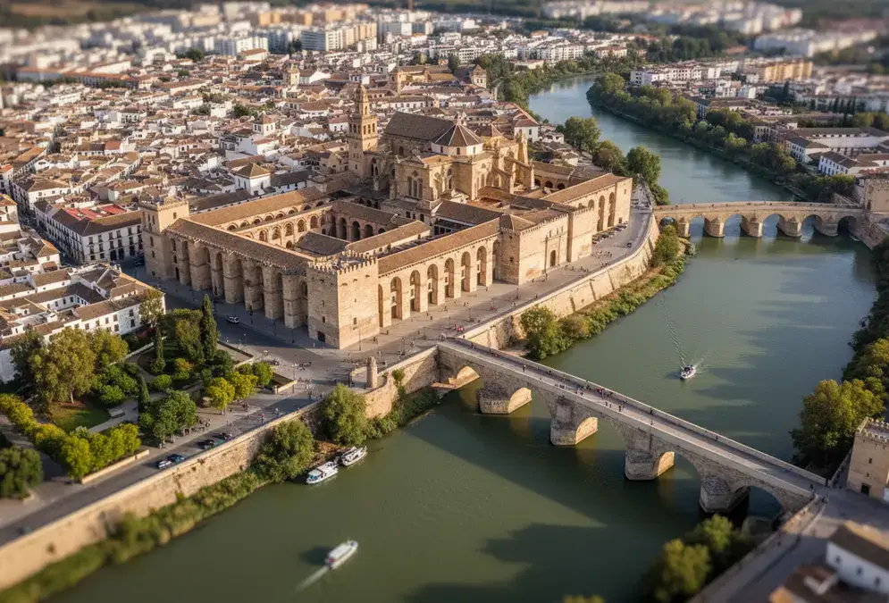Aerial view of Córdoba's historic centre with the Mezquita-Catedral and Roman Bridge over the Guadalquivir