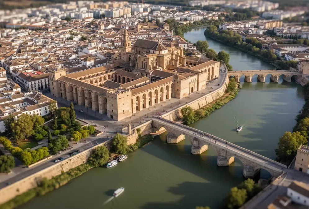 Aerial view of Córdoba's historic center featuring the Mezquita-Catedral and Guadalquivir River