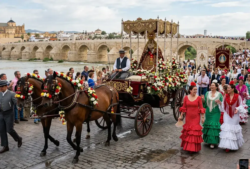Horse-drawn carriages carrying the Virgen de la Salud image through Córdoba's streets during the May procession, women in traje de flamenca alongside, Puente de Miraflores in the background