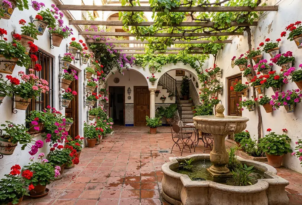 Córdoba patio festival courtyard during the 14-day May competition, flower-covered walls and central fountain
