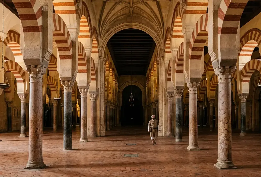 Photorealistic interior of the Mezquita-Catedral of Córdoba showing red-and-white striped Umayyad arches receding into shadow, warm golden light, evoking the ziryab cordoba court culture of Abd al-Rahman II in the 9th century